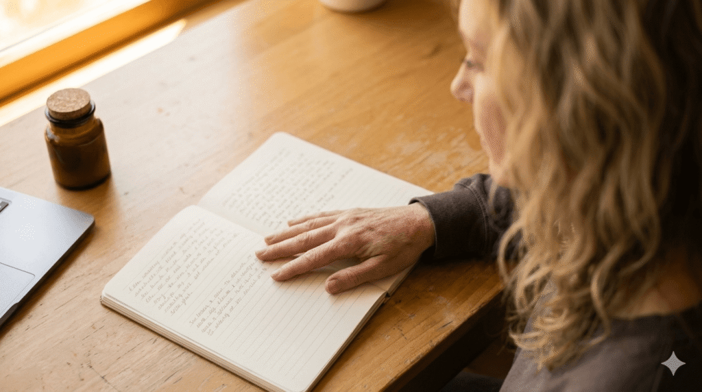 Woman's hand resting on an open journal beside an unlabeled amber glass jar on a warm wooden desk by a sunny window