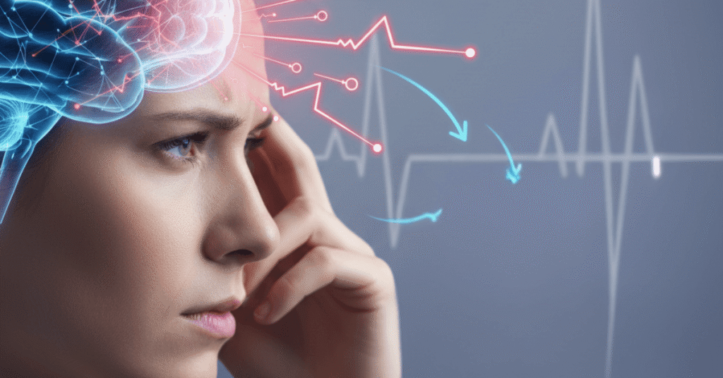 Stress affects brain function with a visual nerve signal illustration.