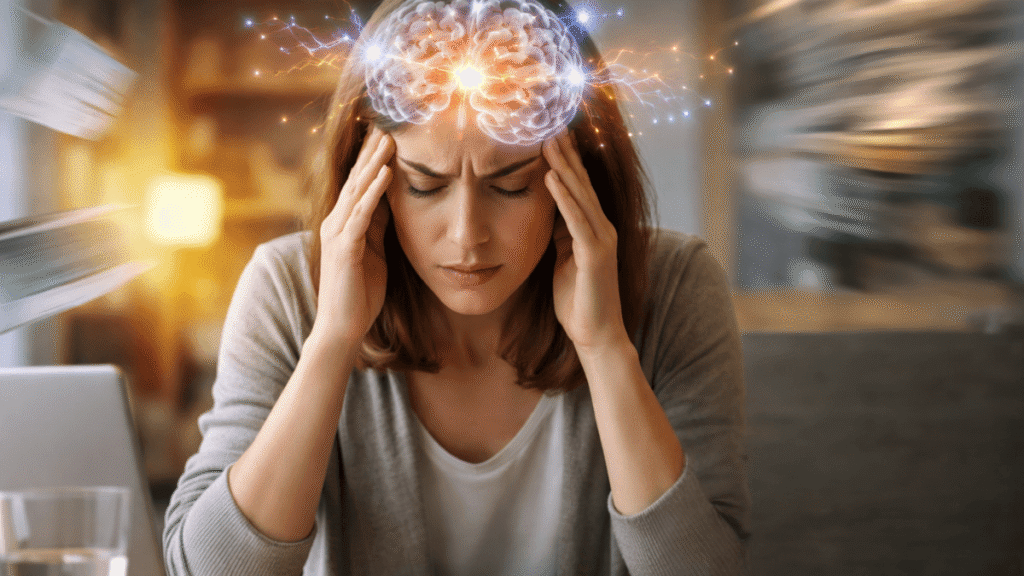 A woman experiencing neurological symptoms of stress, including headache and brain fog.